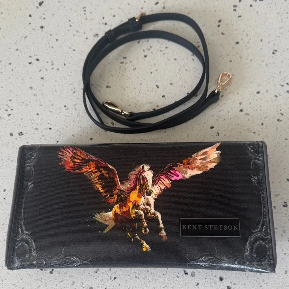 KENT STETSON Gray Coated Canvas Pegasus Print Art Clutch Handbag Handmade USA